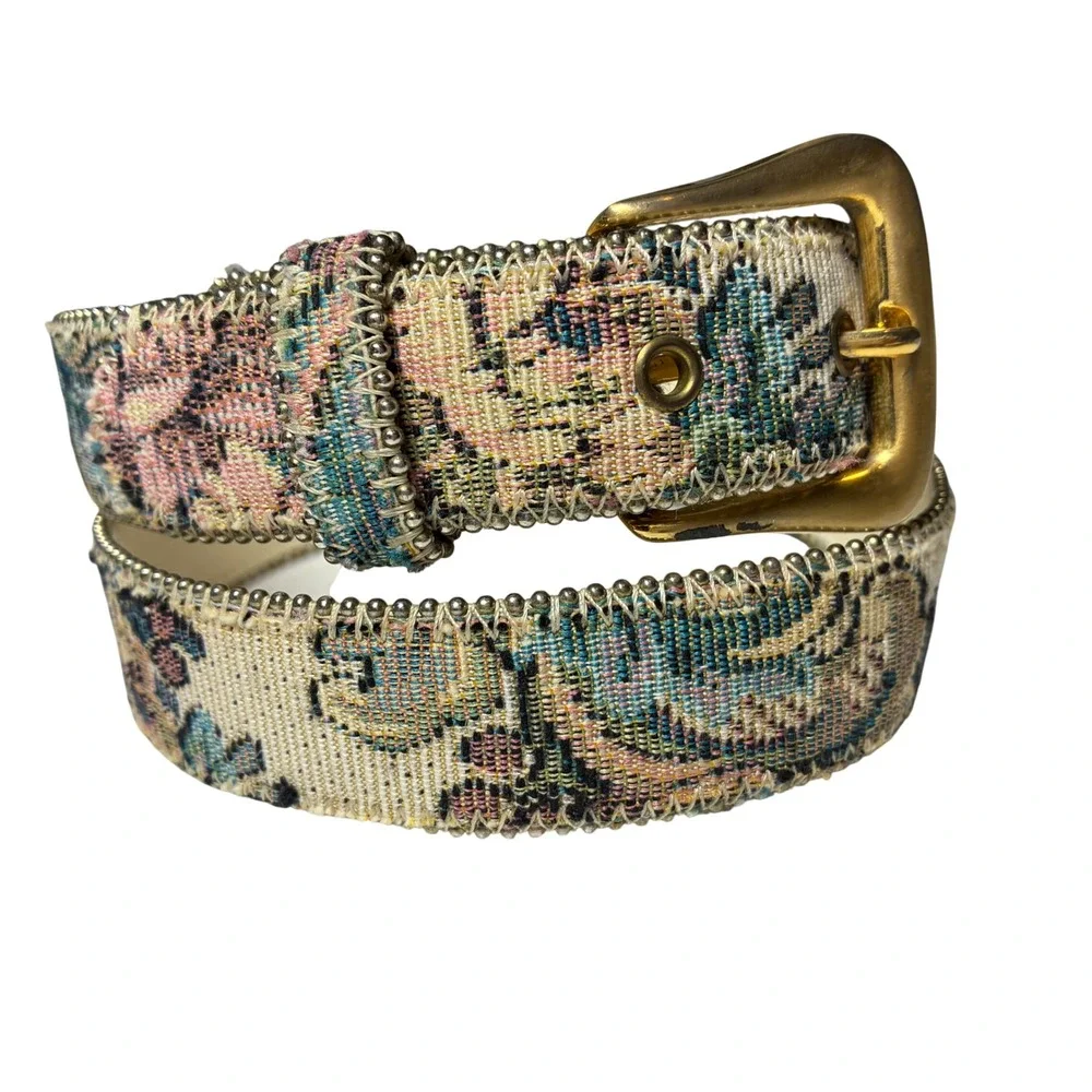 Paul Harris Tapestry Floral Belt Ball Chain Gold Buckle Boho Western M L